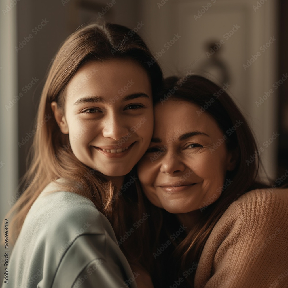 Portrait of a beautiful mother and daughter in the interior of the house, created with Generative AI Technology Portrait of a beautiful mother and daughter in the interior of the house, created with Generative AI Technology