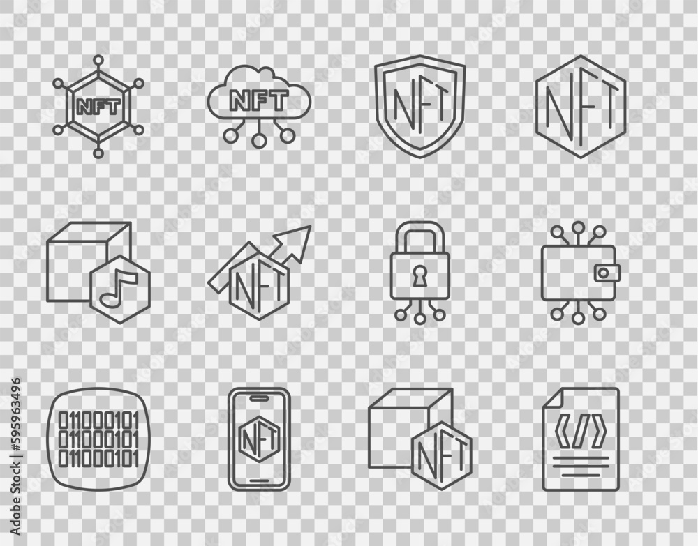 Set line Binary code, NFT shield, Mobile with art store app, blockchain technology, growth bar chart, Digital crypto and Cryptocurrency wallet icon. Vector Set line Binary code, NFT shield, Mobile with art store app, blockchain technology, growth bar chart, Digital crypto and Cryptocurrency wallet icon. Vector
