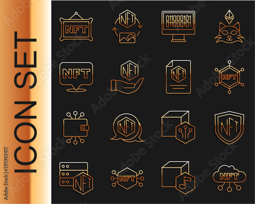 Set line NFT cloud, shield, blockchain technology, Binary code, Digital crypto art, and contract icon. Vector