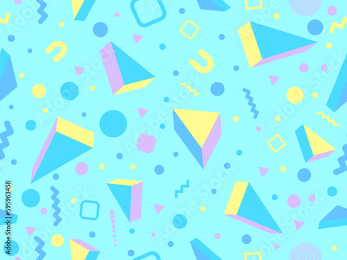 Geometric seamless pattern with 3d figures in 80s - 90s memphis style. Colorful background with isometric shapes. Design of promotional products, wrapping paper and printing. Vector illustration