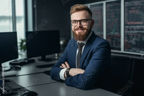 Stylish businessman sits at table with computers and servers on background in office, created with Generative AI Technology