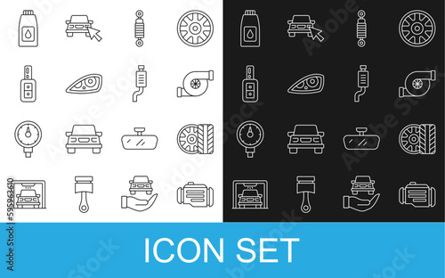 Set line Check engine, Car tire wheel, Automotive turbocharger, Shock absorber, headlight, key with remote, Canister for motor machine oil and muffler icon. Vector