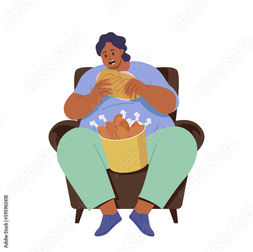 Young fat woman character eating fried chicken legs and loaf of bread suffering from obesity