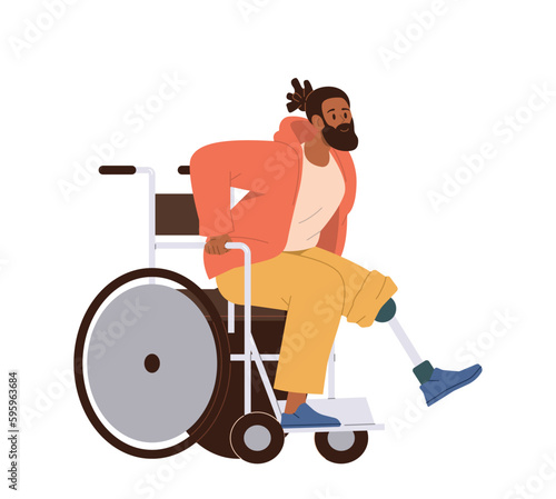 Young hipster man character with leg prosthesis trying to stand up from wheelchair isolated on white