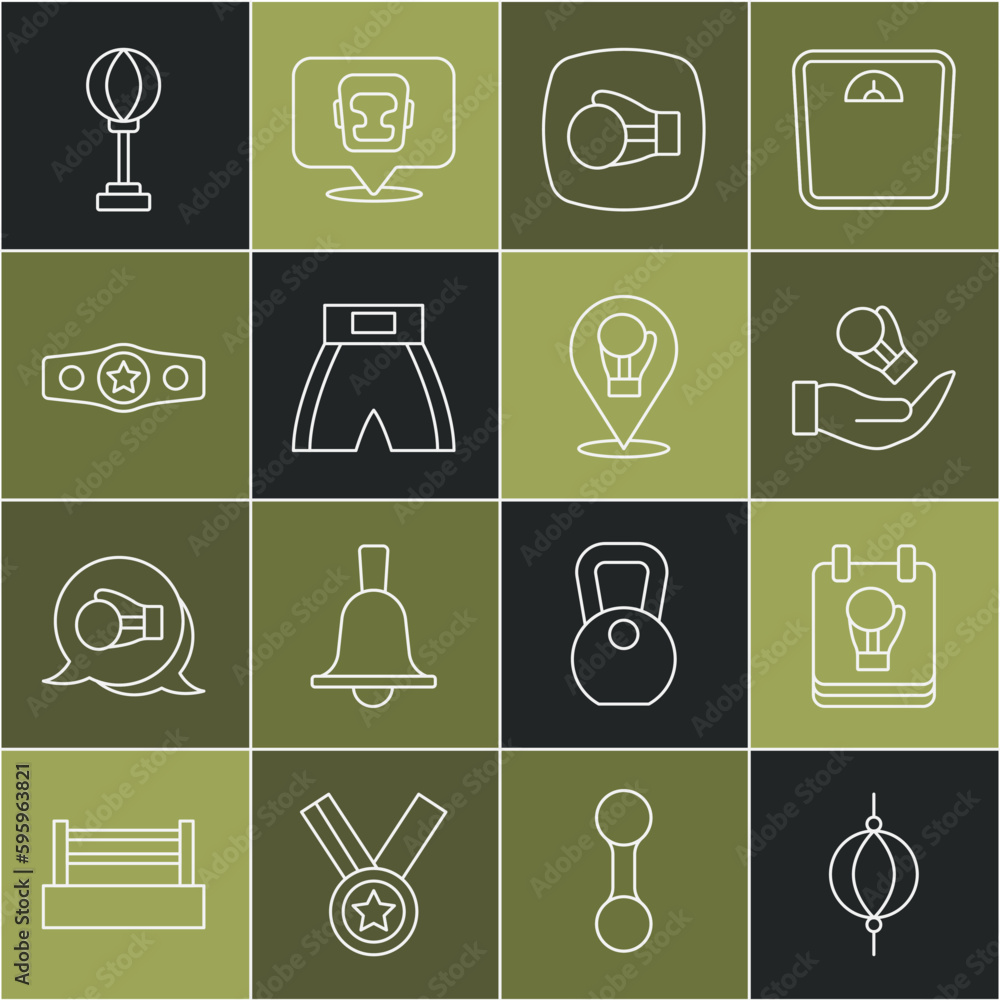 Set line Punching bag, Boxing glove, short, belt, and icon. Vector Set line Punching bag, Boxing glove, short, belt, and icon. Vector