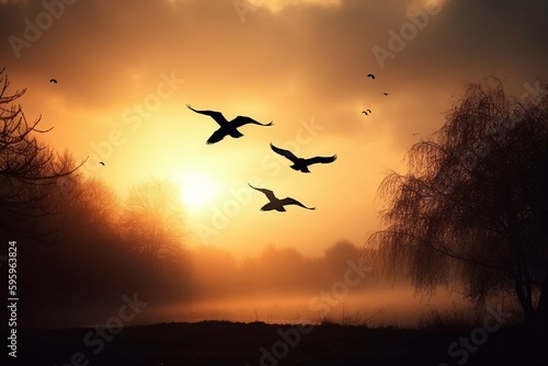 Sunrise new day and flying flock of  bird. AI generative