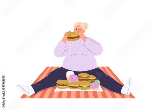 Young woman character with fat belly eating burgers sitting on blanket having fast food disorder