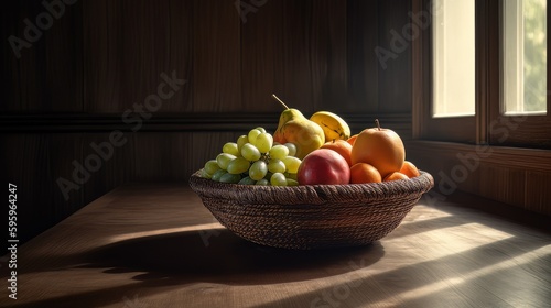 Wallpaper Mural Fresh fruit in wooden fruit basket, in the kitchen with sunlight beaming through the window. artistic still life, generated by artificial intelligence Torontodigital.ca