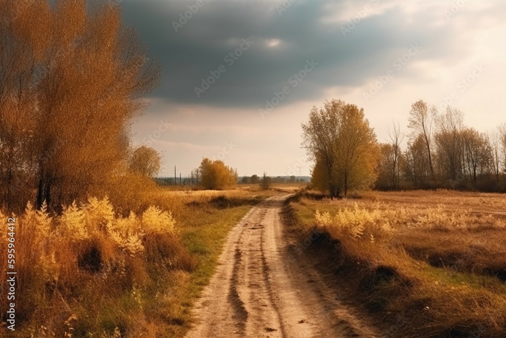 Beautiful Autumn rural landscape; Panorama of autumn golden field with dirt road and cloudy sky. AI generative Beautiful Autumn rural landscape; Panorama of autumn golden field with dirt road and cloudy sky. AI generative