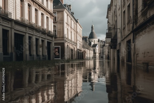Flooded French city Esbly. Generative AI