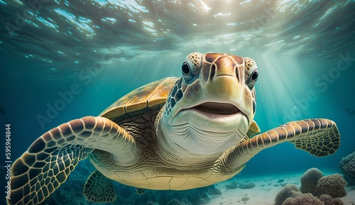Portrait of a happy sea turtle swimming underwater. Generative AI