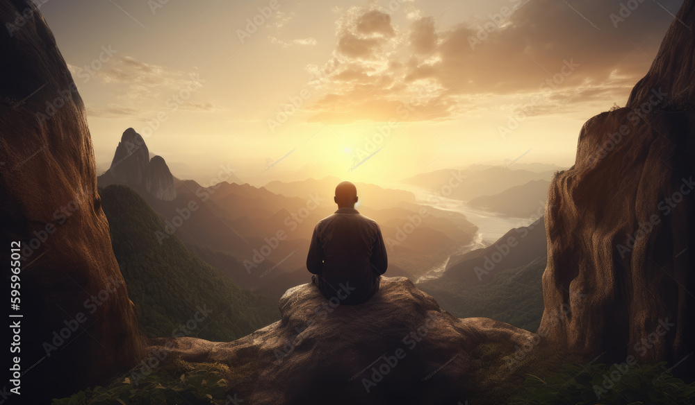 Man meditating in the mountain during the sunset, fantasy-based. Generative Ai.
