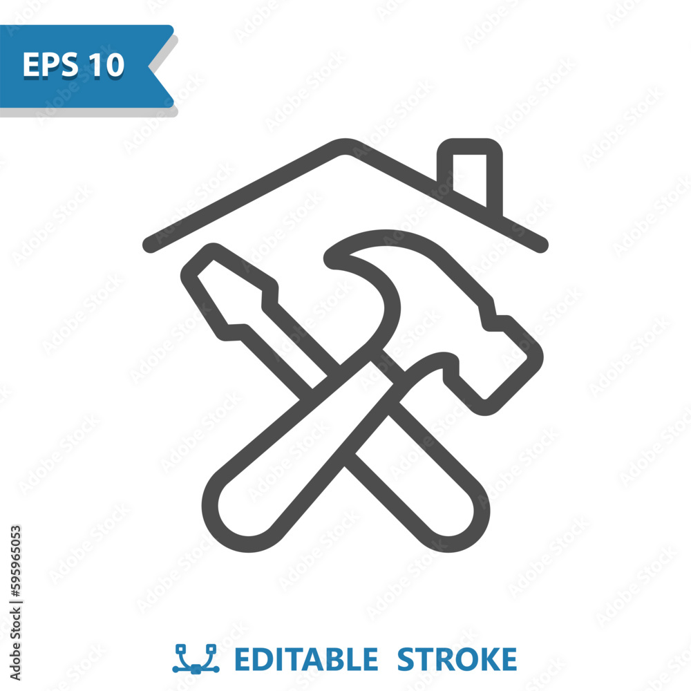 Home Improvement Icon. Construction, Repair, Tools, Roof, House, Hammer, Screwdriver Home Improvement Icon. Construction, Repair, Tools, Roof, House, Hammer, Screwdriver