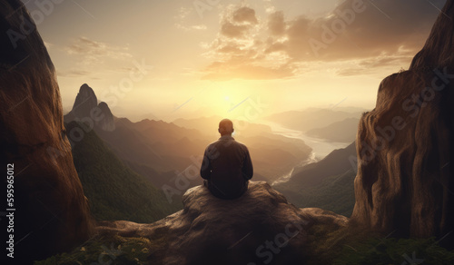 Man meditating in the mountain during the sunset  fantasy-based. Generative Ai. 