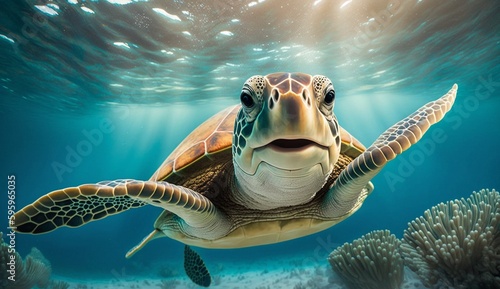Portrait of a happy sea turtle swimming underwater. Generative AI