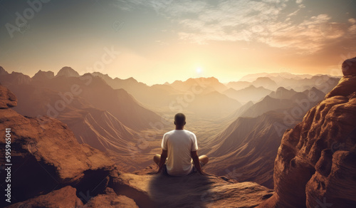 Man meditating in the mountain during the sunset  fantasy-based. Generative Ai. 