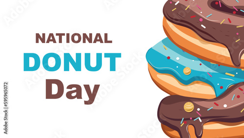 National donut day social media post and advertisement card with assorted delicious donuts on light background. Vector illustration web page, banner.