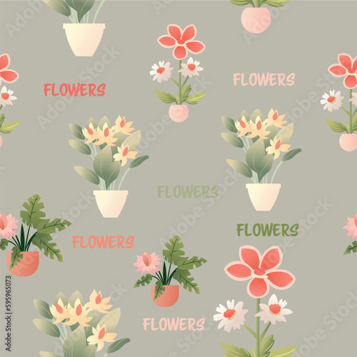Colorful houseplant in pot seamless pattern. Vector endless background with cute plant in flowerpot. Hand drawn flower in pot backdrop.