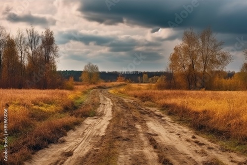 Beautiful Autumn rural landscape; Panorama of autumn golden field with dirt road and cloudy sky. AI generative