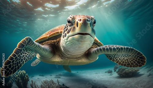 Portrait of a happy sea turtle swimming underwater. Generative AI