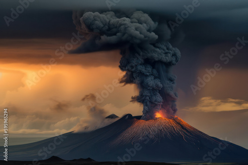 Volcanic eruption ejecting fire, lava and ash. Generative AI