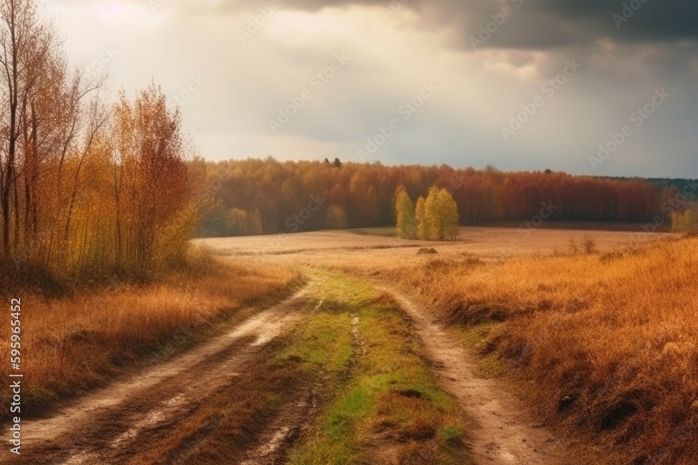 Beautiful Autumn rural landscape; Panorama of autumn golden field with dirt road and cloudy sky. AI generative