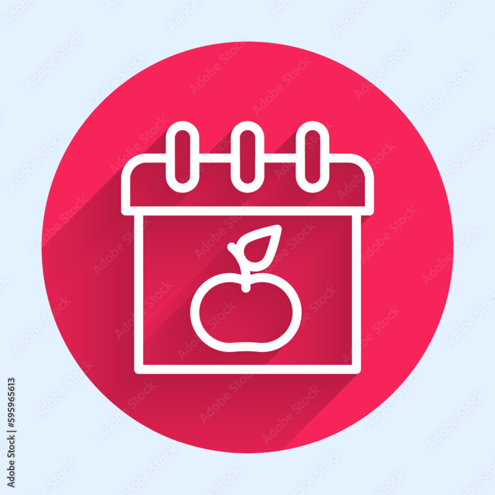 White line World Vegetarian day icon isolated with long shadow background. World vegan day. Red circle button. Vector White line World Vegetarian day icon isolated with long shadow background. World vegan day. Red circle button. Vector