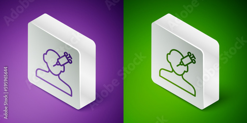 Isometric line Addiction to the drug icon isolated on purple and green background. Heroin, narcotic, addiction, illegal. Sick junkie with a syringe and medical pills. Silver square button. Vector
