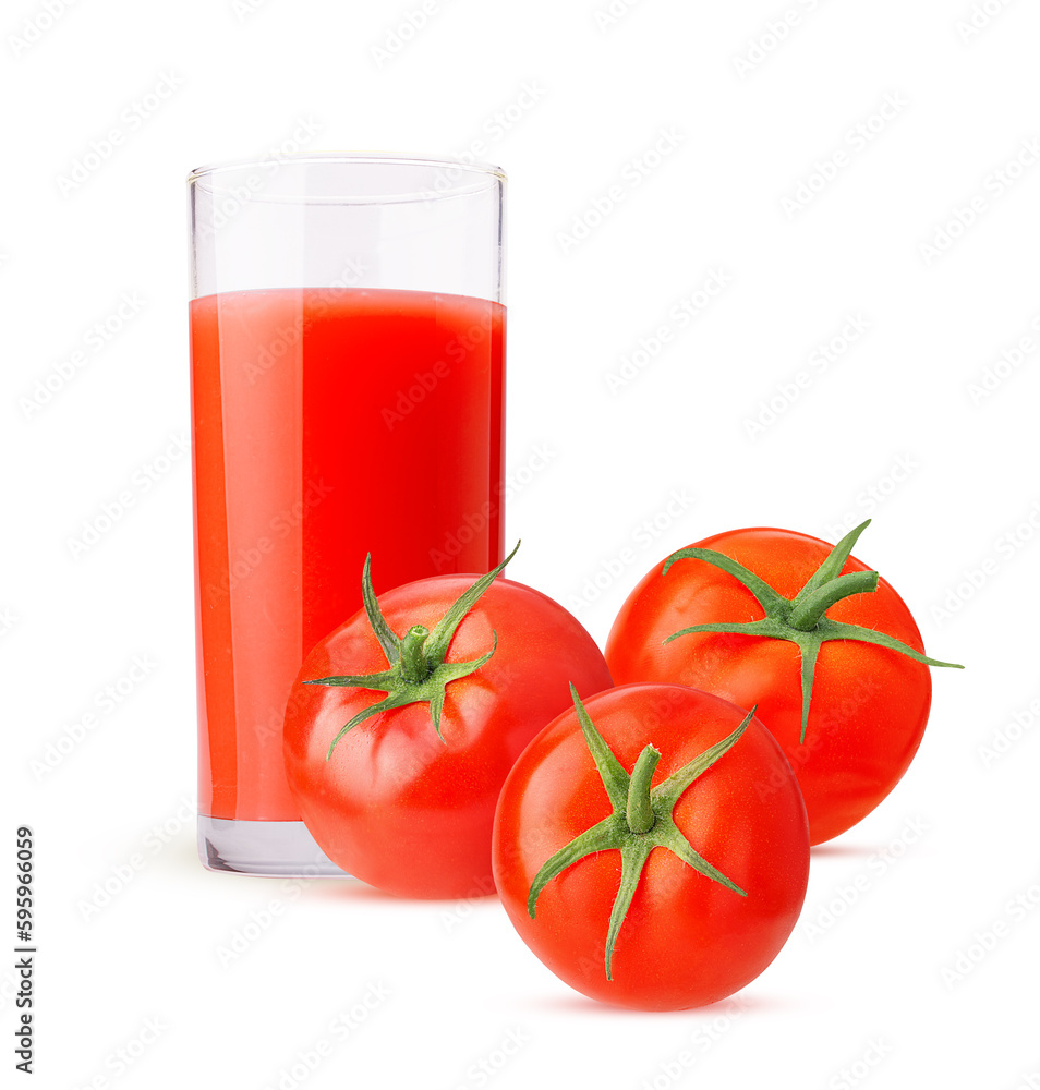 Glass of freshly squeezed tomato juice and three tomato Glass of freshly squeezed tomato juice and three tomato