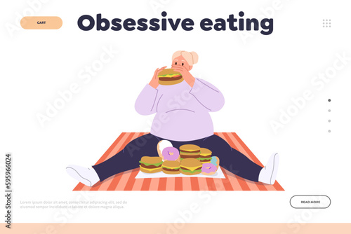 Landing page template with obsessive eating concept and woman having bad habit and food addiction