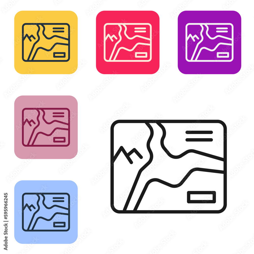 Black line Topographic map with route and coordinates icon isolated on white background. Set icons in color square buttons. Vector Black line Topographic map with route and coordinates icon isolated on white background. Set icons in color square buttons. Vector