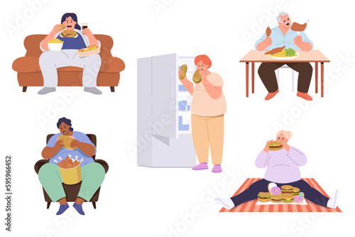 Set of fat people characters having eating disorder, overweight problem, unhealthy lifestyle