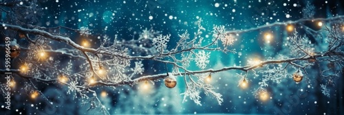 Art Christmas Lights and falling snow on blue background. Christmas banner design. AI generative