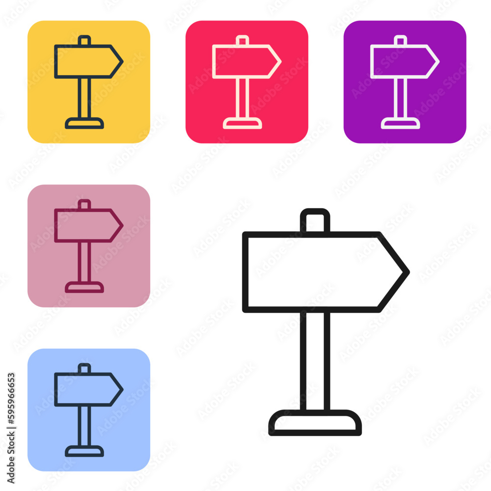 Black line Road traffic sign. Signpost icon isolated on white background. Pointer symbol. Isolated street information sign. Direction sign. Set icons in color square buttons. Vector Black line Road traffic sign. Signpost icon isolated on white background. Pointer symbol. Isolated street information sign. Direction sign. Set icons in color square buttons. Vector
