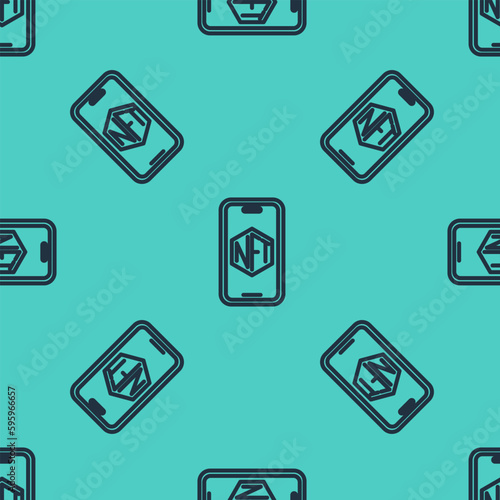 Black line Mobile with art store app icon isolated seamless pattern on green background. Technology of selling NFT tokens for cryptocurrency. Non fungible token. Vector