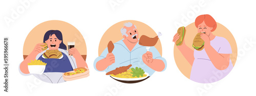 Round frames icons isolated set with obese people eating unhealthy fast food having addiction