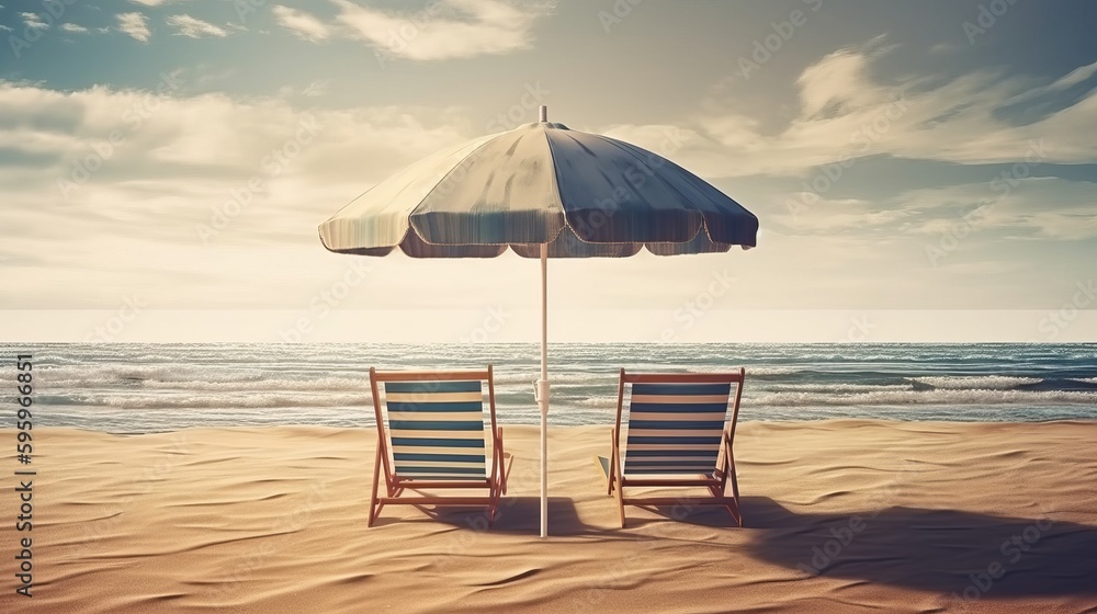Two chairs and umbrella in empty beach sea realistic. AI generated
