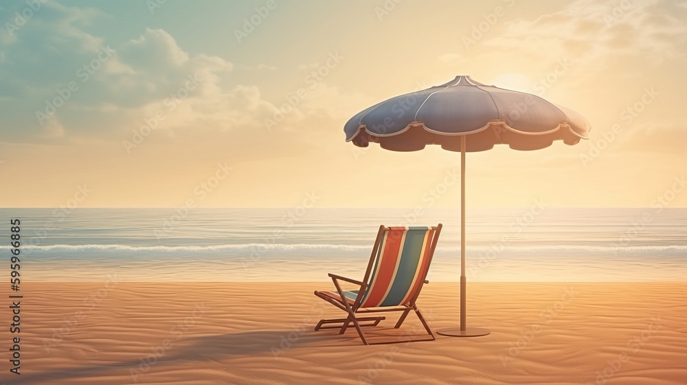 Two chairs and umbrella in empty beach sea realistic. AI generated