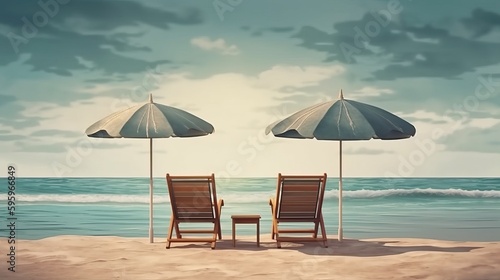Two chairs and umbrella in empty beach sea realistic. AI generated © ArtStage