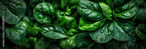 Top down view of fresh spinach leaves with waterdrops. AI Generative Art.