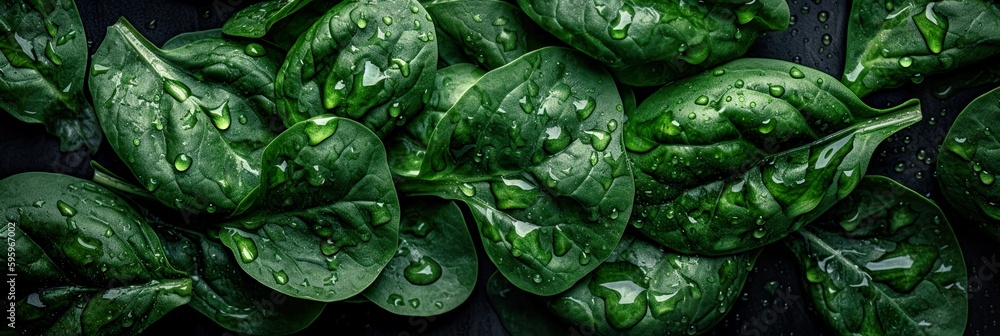 Top down view of fresh spinach leaves with waterdrops. AI Generative Art. Top down view of fresh spinach leaves with waterdrops. AI Generative Art.