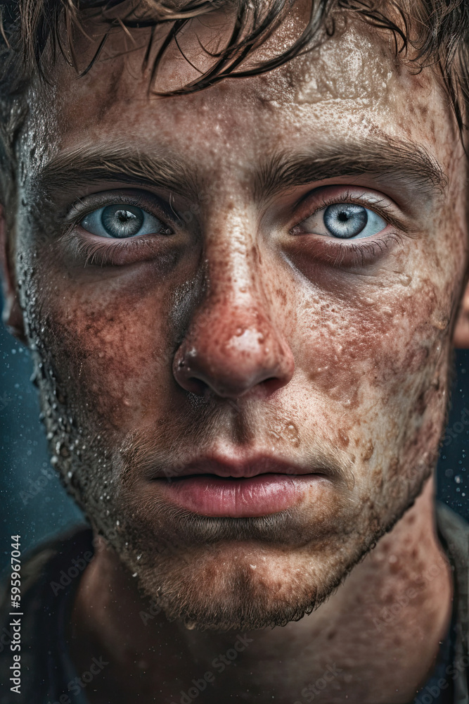 Ein junger Mann der ernst in die Kamera schaut. Close-up Porträt eines Sportlers. Schwitzendes Gesicht eines Mannes. KI generiert Ein junger Mann der ernst in die Kamera schaut. Close-up Porträt eines Sportlers. Schwitzendes Gesicht eines Mannes. KI generiert