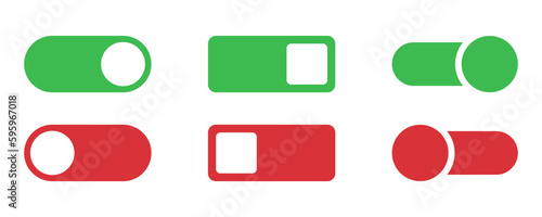 Toggle icon set. Switch toggle slider. Turn off and on toggle. Switcher icon set. Switcher in green and red. Turn on slider. Active and inactive slider. Stock vector illustration