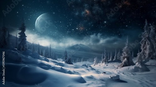 Beautiful winter landscape, tree, mountains and the moon photorealistic. AI generated © ArtStage
