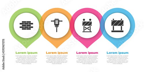Set Bricks, Electric rotary hammer drill, Road barrier and Road barrier. Business infographic template. Vector
