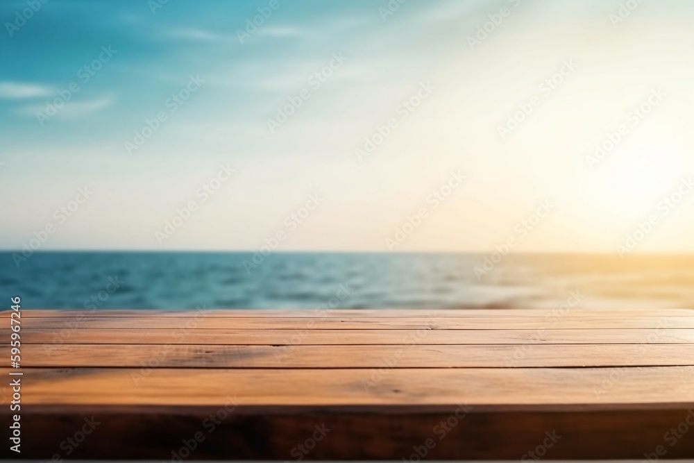 Abstract Empty wooden table over blurred sunny sea background. AI generative