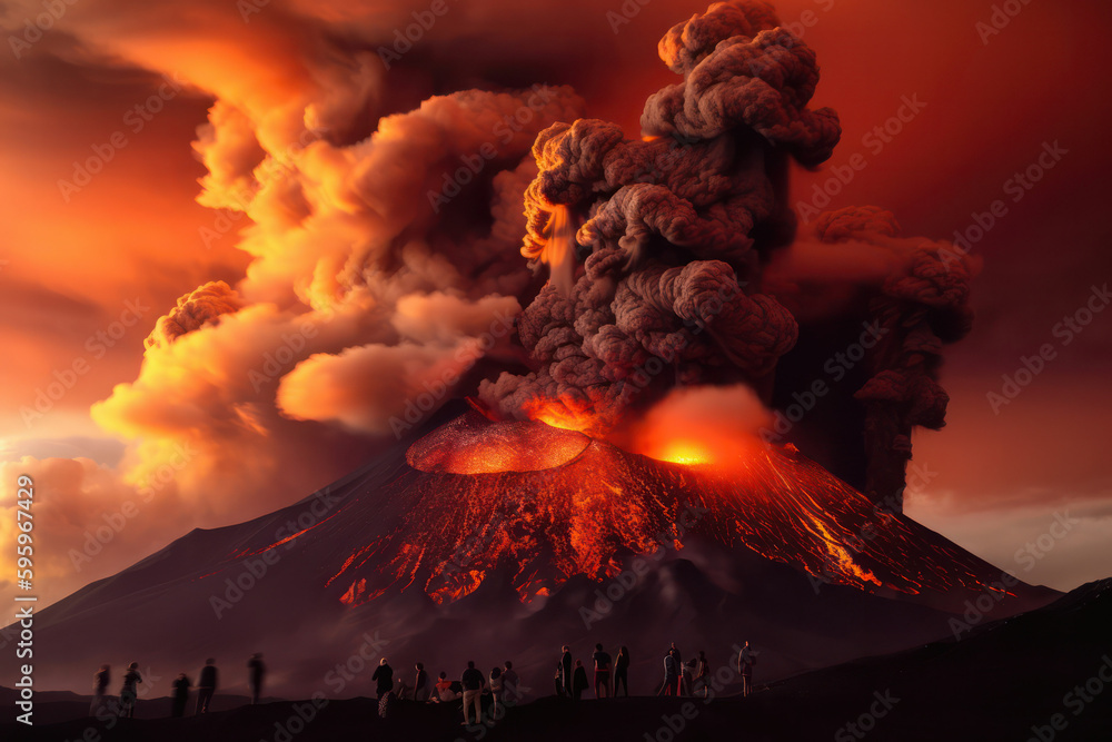 unrealistic plot: people from a short distance are watching a volcanic eruption, spewing fire, lava and ash.Generative AI