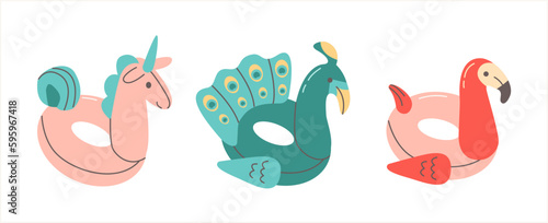 Set of colorful rubber inflatable stylish modern swimming rings for children and adults. Flamingo, peacock, unicorn.