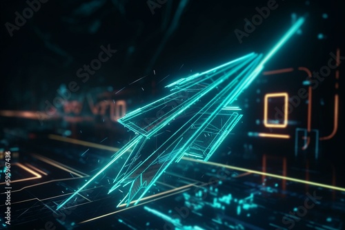 Abstract winged arrow in neon lights indicates technological awards in VJ loop LED background. Generative AI
