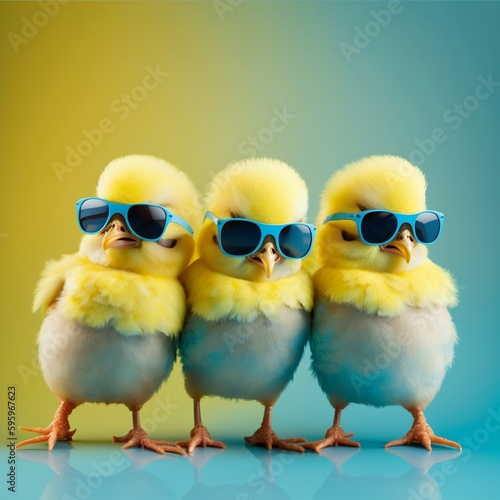 three yellow chicks with blue sunglasses bang; studio blue background. easter concept, generative ai